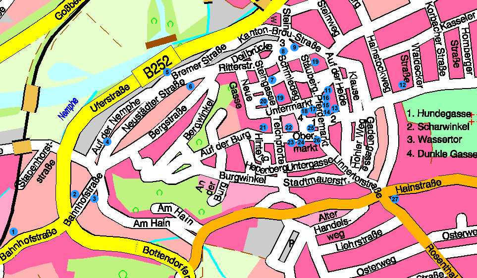 Straßenplan des Ortskerns von Frankenberg mit markierten ehemaligen jüdischen Häusern