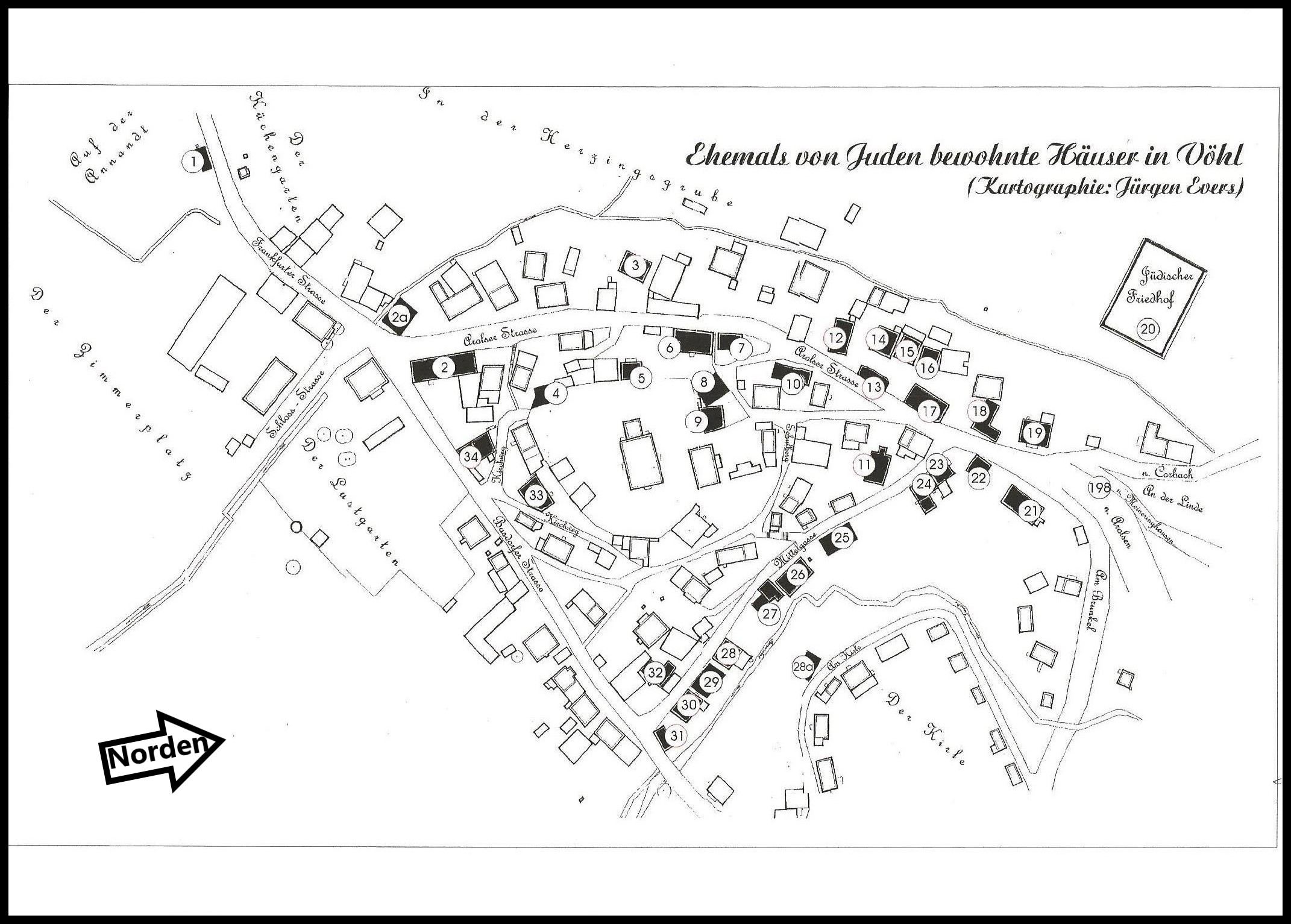 Straßenplan des Ortskerns von Vöhl mit markierten ehemaligen jüdischen Häusern