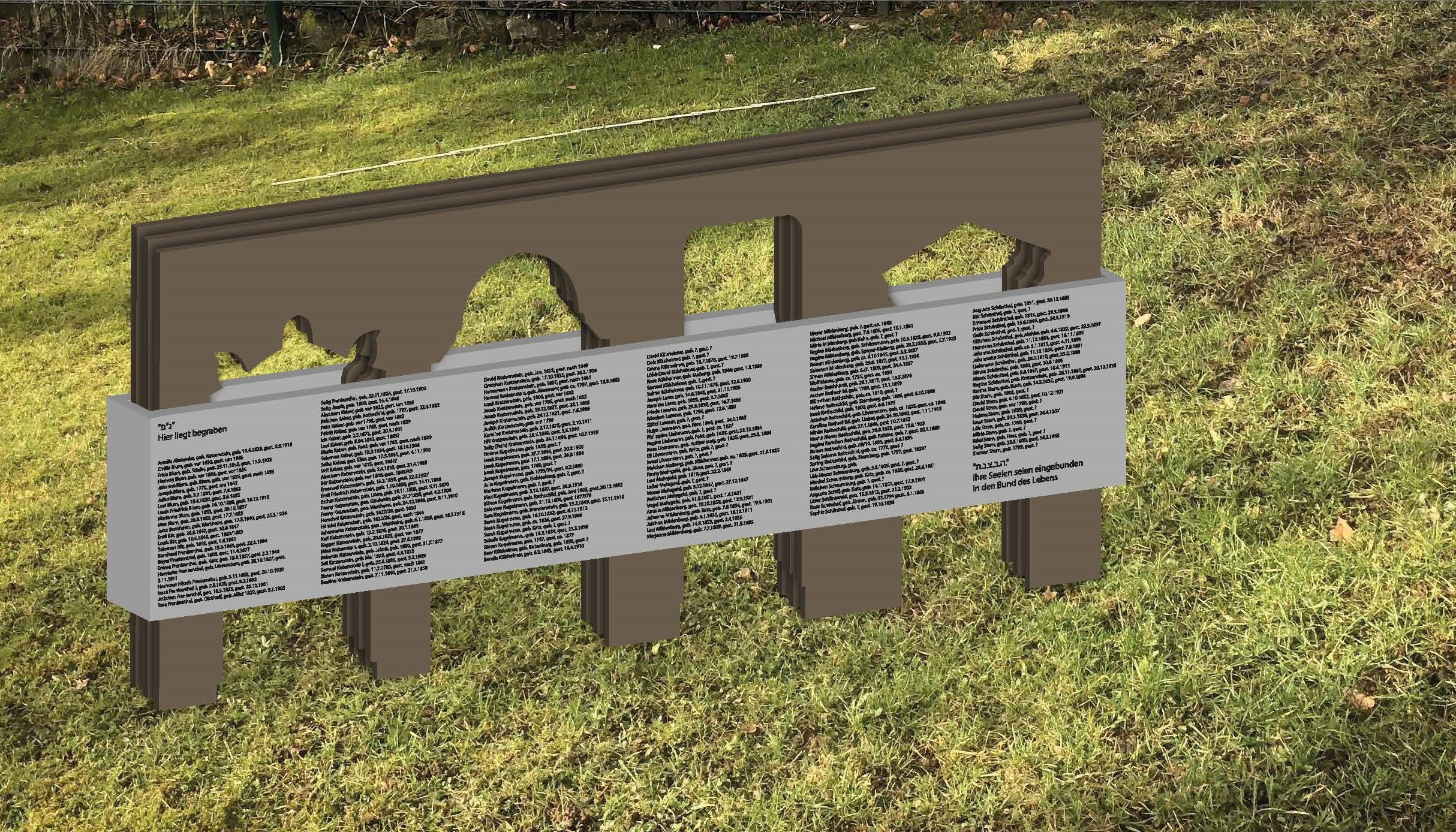 4 Platzhalter für fehlende Grabsteine mit den Namen der Verstorbenen